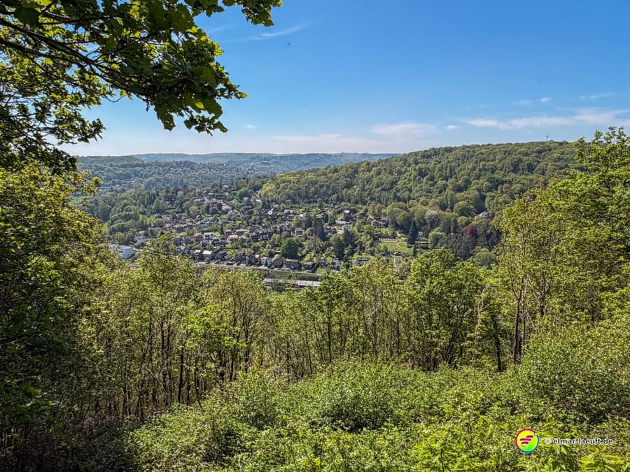 Blick von der Höhe über das bewaldete Ourthe-Tal auf die Häuser am Hang.