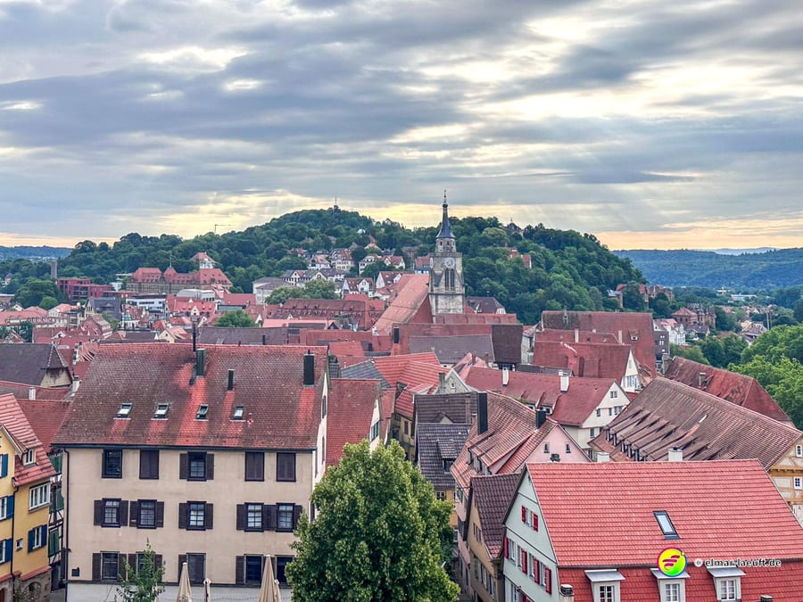 Blick beim Laufen über die Dächer von Tübingen mit der markanten Kirchturmspitze und bewaldeten Hügeln im Hintergrund unter einem bewölkten Himmel.