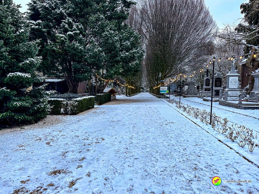 Laufen auf einem schneebedeckten Weg zwischen Bäumen und Gräbern in einem Friedhof bei Heerlen.