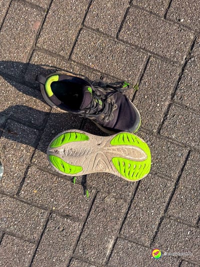 Laufschuhe liegen auf einem gepflasterten Weg in Maasmechelen, bereit für den nächsten Lauf.