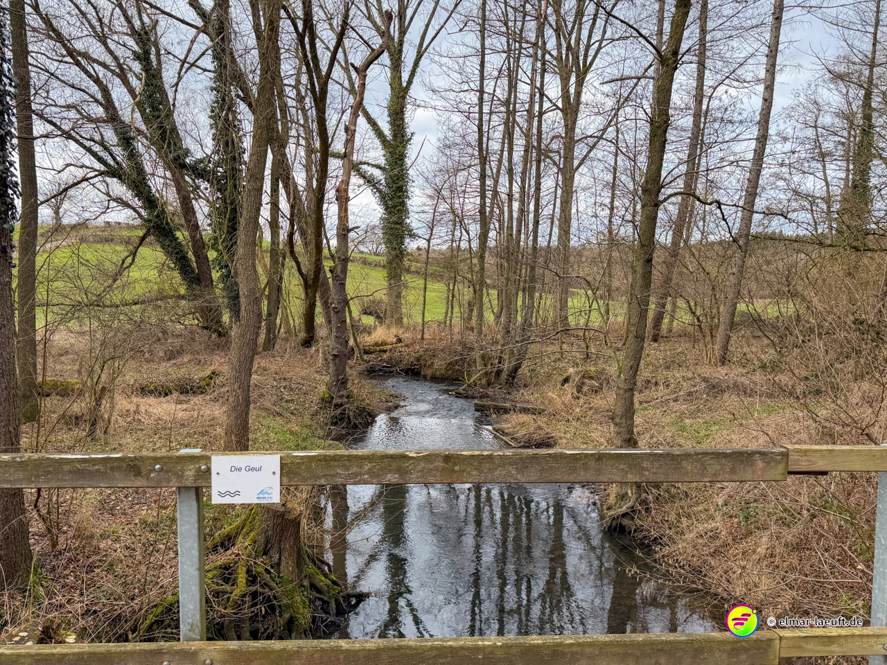 Kleiner Bach mit Holzgeländer und Informationsschild an einem Wanderweg. Das Naturschutzgebiet 'Die Dord' ist durch ein Wegweiserschild gekennzeichnet.