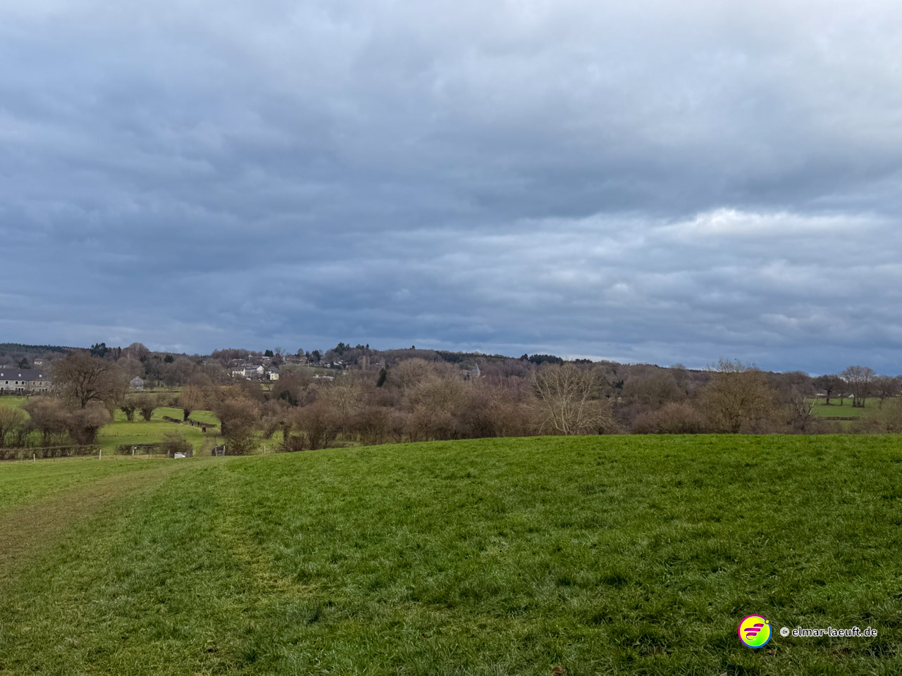 Saftig grüne Wiese im Frühling mit bewaldeten Hügeln und Ortschaft im Hintergrund. Die sanfte Hügellandschaft zeigt die typische ostbelgische Kulturlandschaft mit Grünland und Wäldern.