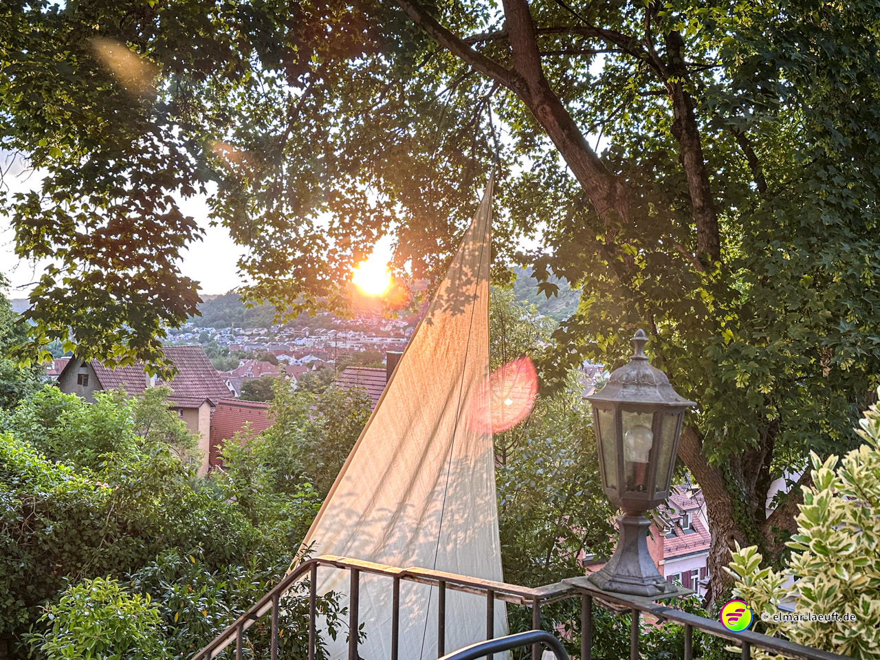 Laufen in Tübingen mit Blick auf die Stadt und die untergehende Sonne, umgeben von Bäumen und einem alten Laternenpfahl.