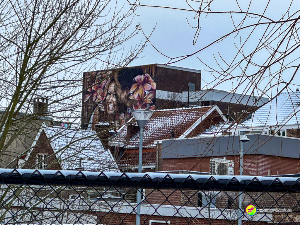 Laufen in Heerlen mit Blick auf schneebedeckte Häuserdächer und ein großes Wandbild in einer urbanen Umgebung.