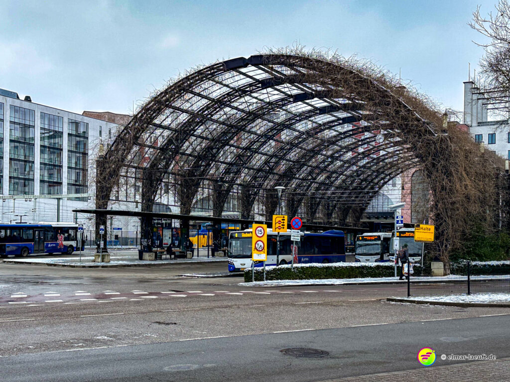 Laufen in Heerlen führt an einer ungewöhnlichen, mit Pflanzen bewachsenen Stahlkonstruktion vorbei, die als Überdachung für mehrere Busse in einer urbanen Umgebung dient.