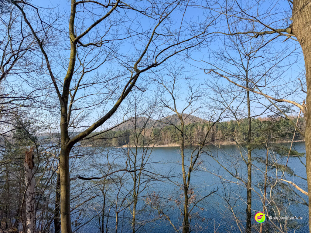 Laufen entlang eines Sees in Maasmechelen mit Blick durch kahle Bäume auf bewaldete Hügel unter klarem Himmel.
