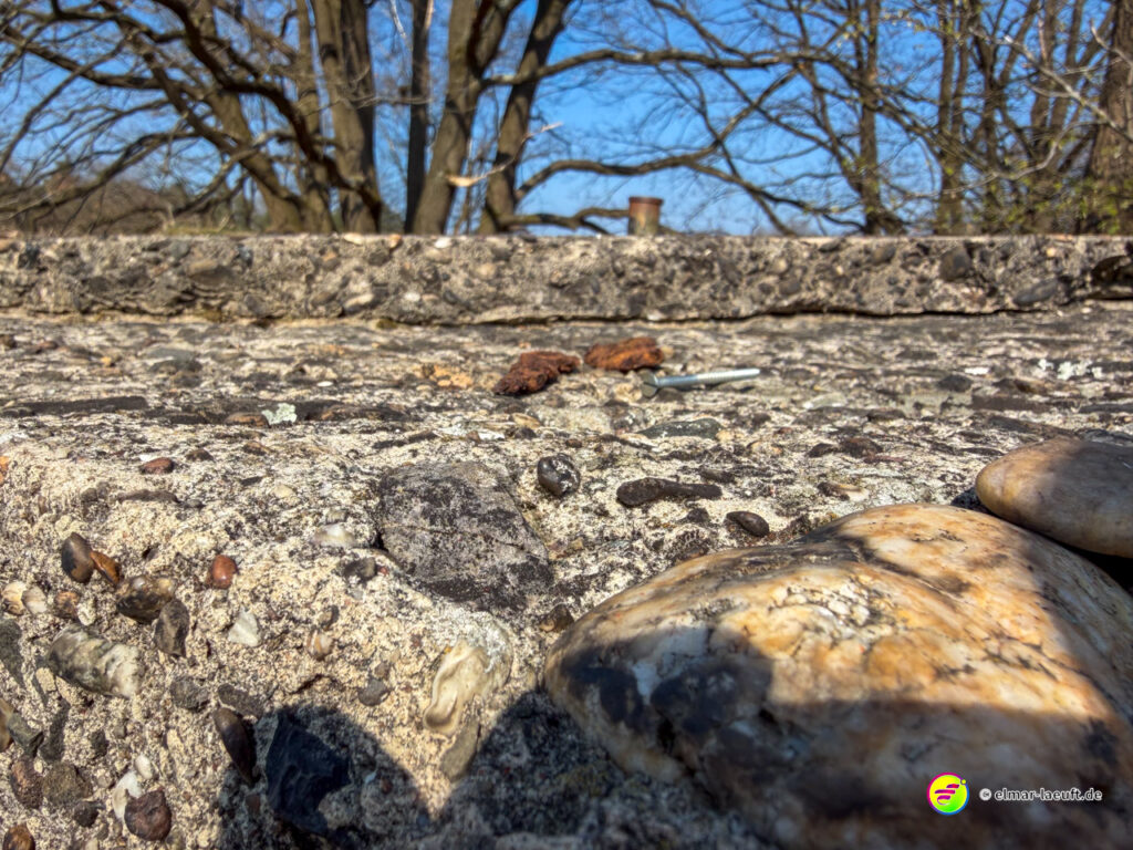 Beim Laufen in Maasmechelen entdecke ich eine raue Steinmauer im Vordergrund, dahinter zeichnen sich kahle Bäume vor blauem Himmel ab.