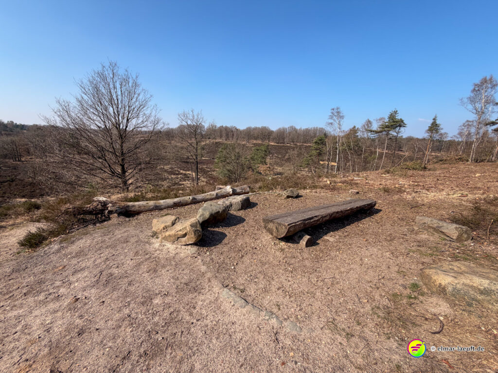 Laufen auf einem trockenen, offenen Pfad in Maasmechelen mit rustikalen Sitzgelegenheiten aus Baumstämmen und kahlen Bäumen im Hintergrund.