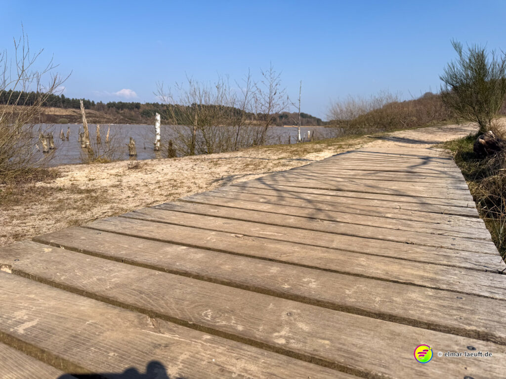 Laufen auf einem Holzsteg entlang eines Gewässers mit kahlen Büschen und blauem Himmel in Maasmechelen.