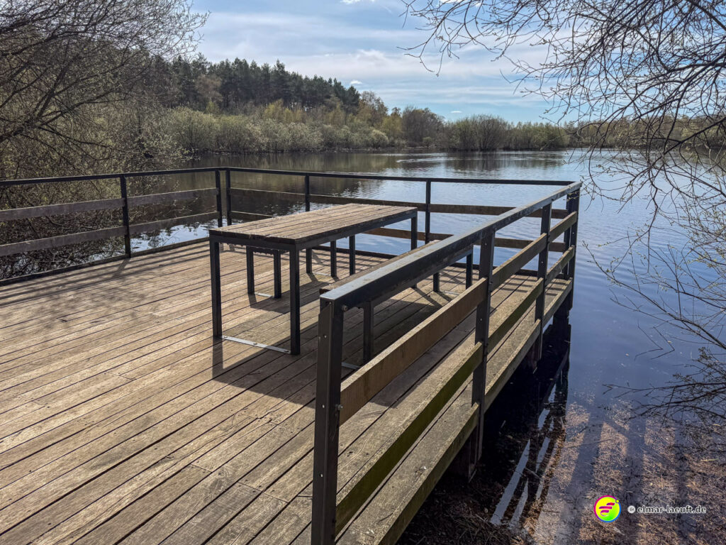 Laufen am ruhigen Seeufer in Oplagbeek mit Blick von einem hölzernen Steg auf das Wasser und die umgebenden Bäume.