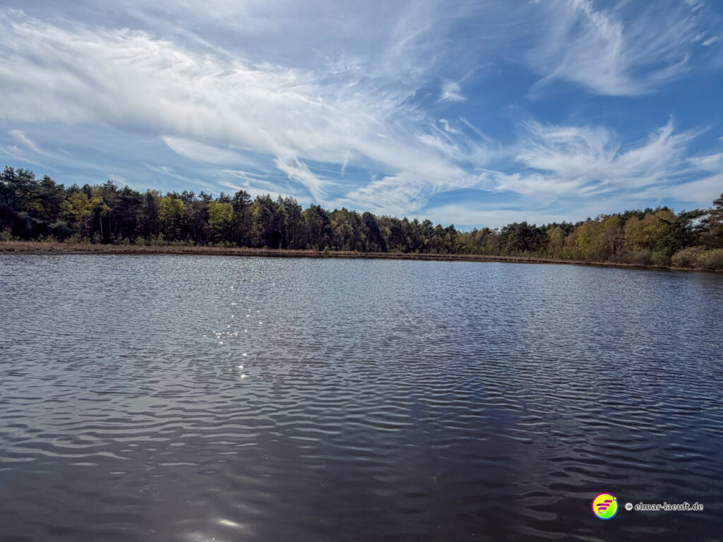 Laufen am ruhigen Seeufer mit Wald im Hintergrund und einem weitläufigen Himmel über Oplagbeek.